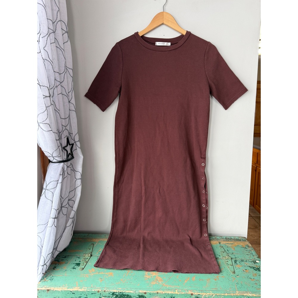 Moussy Waffle Knit Snap Side Slit Midi Dress Burgundy Short Sleeve Women Size F